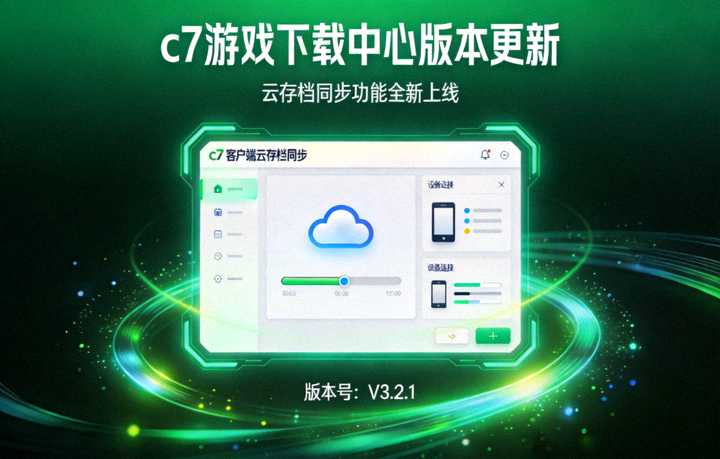 c7游戏下载中心版本更新资讯配图 - 客户端云存档同步界面与绿色科技光效